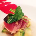 『 マグロの焼霜とアボカドの山葵漬け里芋のブルーテ 』です。